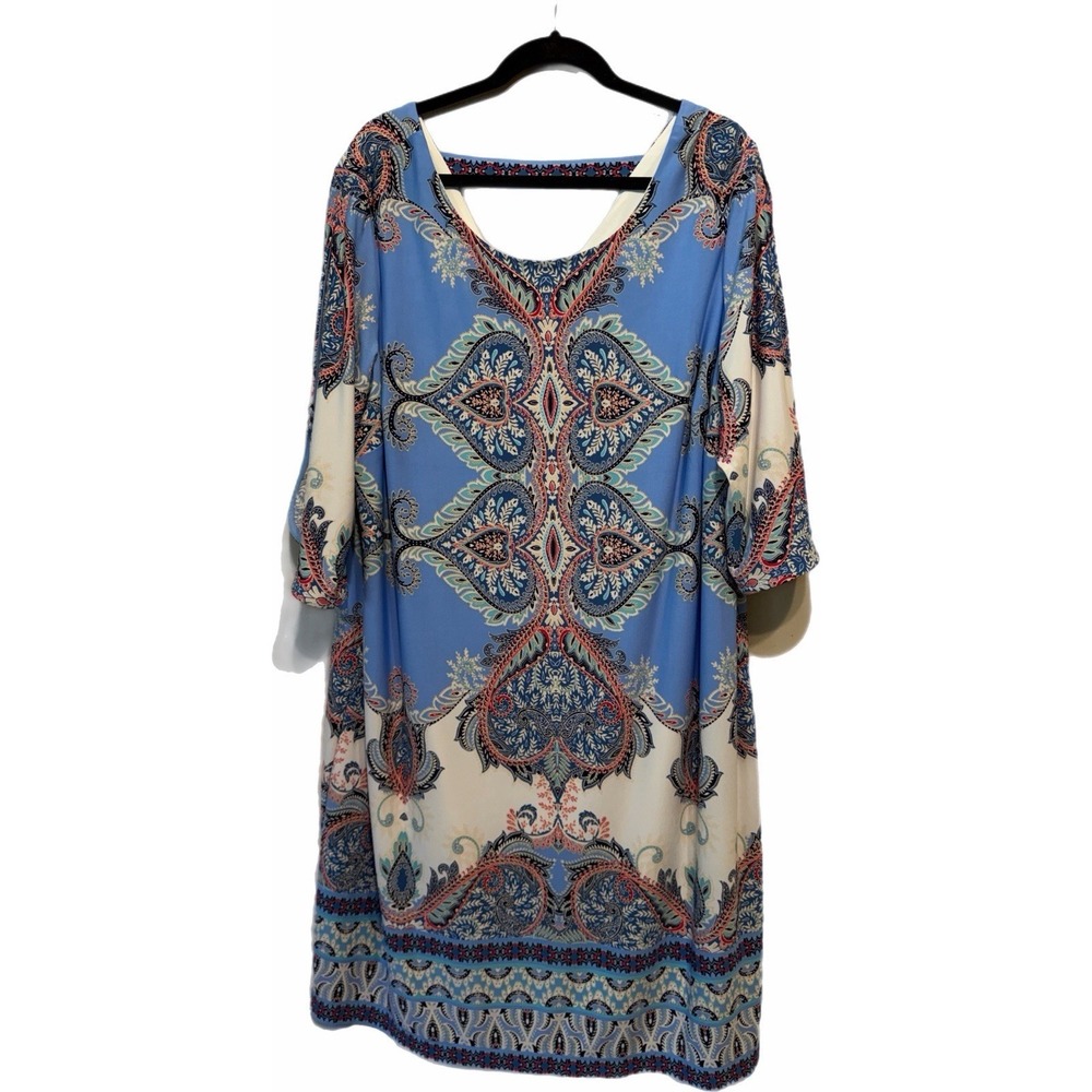 Roz & Ali Dress Sz 22 Blue Paisley Cold Shoulder Shift Dress3/4 Sleeve Stretch